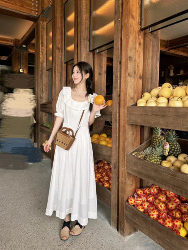 Real shot French puff sleeve dress summer high waist long skirt