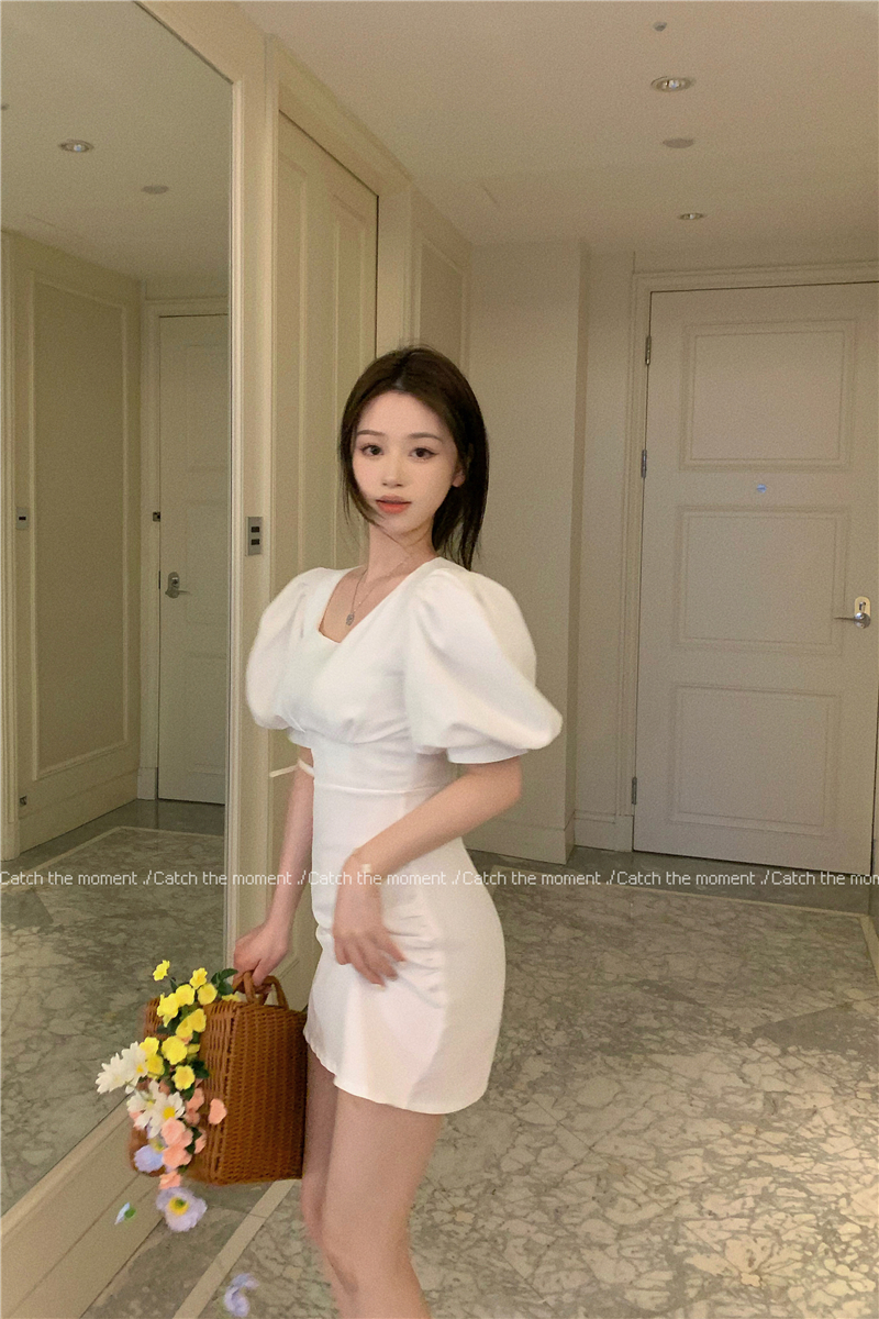 Real shot!  Square neck puff sleeve dress women's new summer herringbone pleated waist skirt