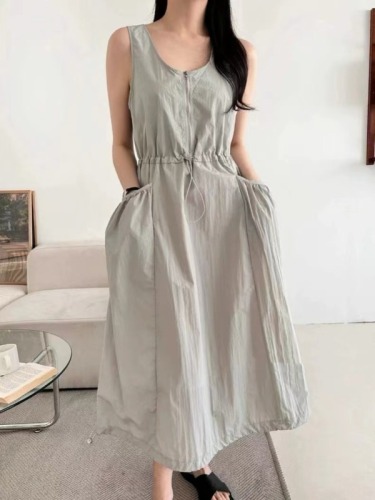 Korean Summer Nylon Workwear Dress Women's Summer Loose Pocket Waist Sleeveless Long Dress