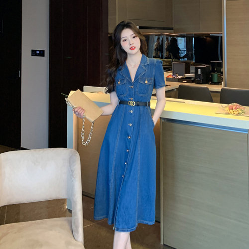 Temperament Lapel Denim Dress Women's Summer New Casual High Waist Slim Slim Mid-length Skirt