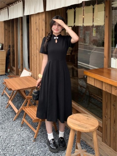 Real shot of large size new Chinese style improved cheongsam summer lady sweet temperament black short-sleeved dress