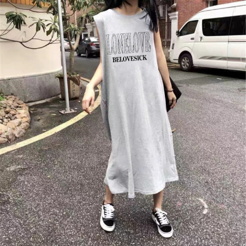 Summer personalized sleeveless lazy style loose vest slit mid-length dress