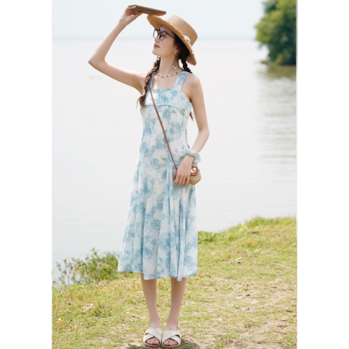 No less than 119 real shot French floral blue square neck suspender dress
