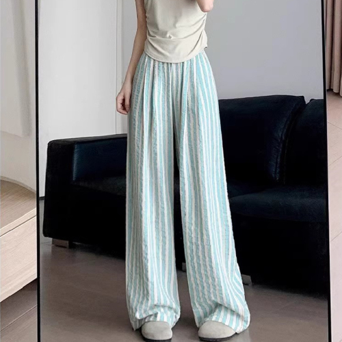 Original fabric striped casual pants for women summer thin loose drape high waist slim wide leg pants