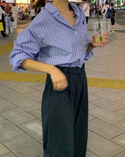 Korean chic retro single breasted shirt striped top