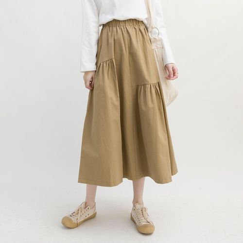 Khaki skirt women's summer a-line skirt Japanese literary forest style autumn workwear long half-length skirt