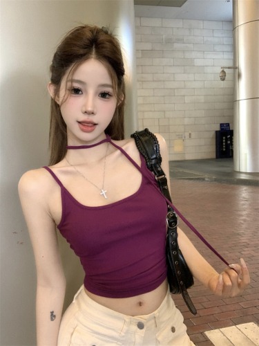 Actual shot~Sweet cool mandala purple vest suspender for women with design sense streamers showing white solid color sleeveless top