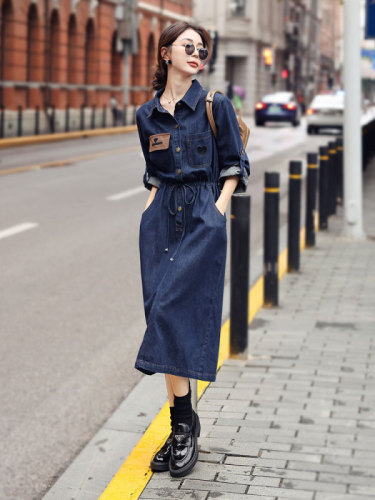 Spring new style loose and slim mid-length women's fashionable embroidered drawstring long-sleeved denim dress