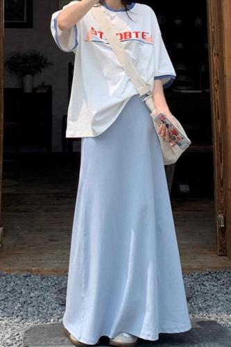 Actual shot of 2-color retro high-waist cover-span relaxed hip-covering skirt, drapey A-line skirt, versatile slimming casual long skirt