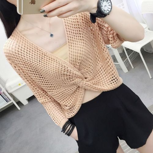 Women's summer new style pullover ice silk mesh top with suspender skirt, hollow blouse, thin small outer shawl style top