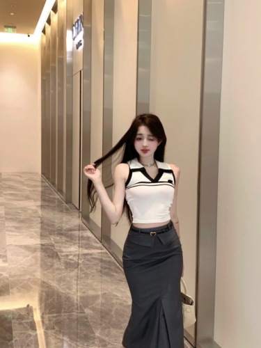 Real shot of dopamine outfit polo collar top/skirt new top sleeveless T-shirt