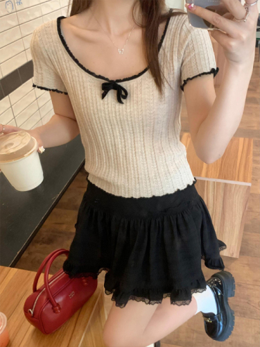 Wu77 Girl Hollow Crochet Contrast Color Round Neck Bow Knit Sweater Women's Lace Design Slim Short Top