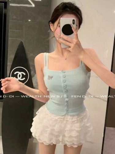 2024 Summer Small Fragrance Style Square Neck Logo Pin Waist Double Shoulder Straps Single Breasted Temperament Knitted Sweater Women's Thin Top