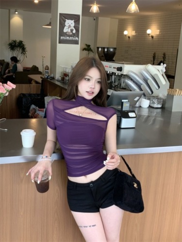 Actual shot of Korean style hot girl hollowed out twisted halterneck mesh slim design tube top chic two-piece set