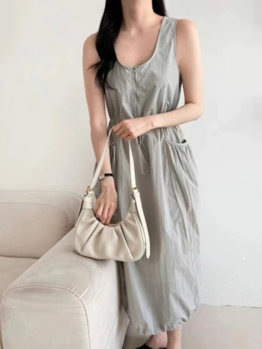 Korean Summer Nylon Workwear Dress Women's Summer Loose Pocket Waist Sleeveless Long Dress