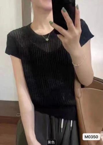 2024 new summer style Korean style round neck solid color hollow small flying sleeves knitted net top versatile outer wear ins trendy women's t
