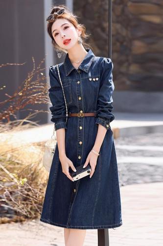 Hot style denim dress for women spring and autumn new style small fashion temperament slim waist with belt