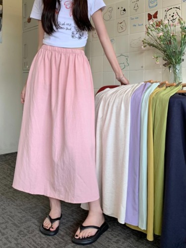 Actual shot of the new Korean style high-waisted slim and versatile washed linen cotton slit straight skirt