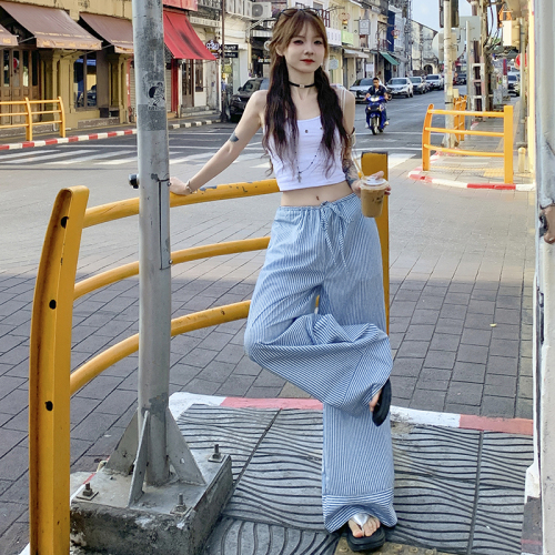 Real shot of 24th ootd! Korean style blue striped drawstring lazy style wide leg casual pants for women