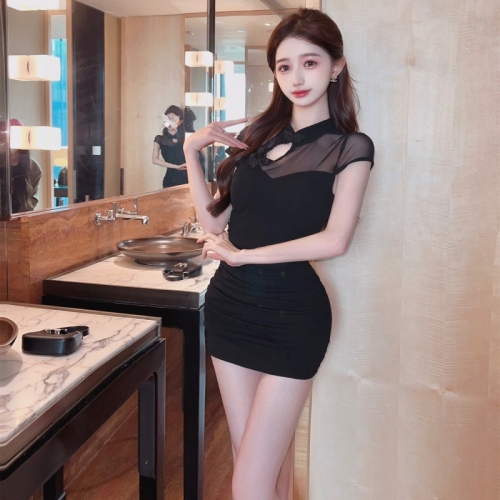 Real shot of sexy cotton mesh stitching tight hip-hugging improved cheongsam dress