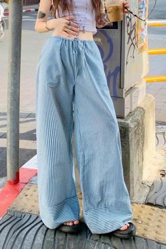 Real shot of 24th ootd! Korean style blue striped drawstring lazy style wide leg casual pants for women