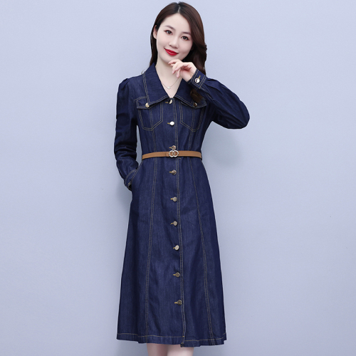 Waist stitching denim dress long new fashion loose long-sleeved slim shirt dress single-breasted