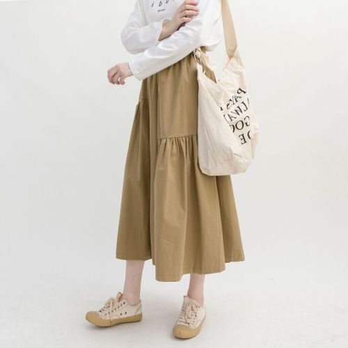 Khaki skirt women's summer a-line skirt Japanese literary forest style autumn workwear long half-length skirt