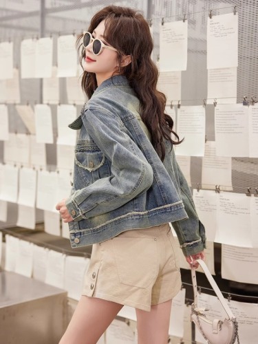 Retro raw edge beaded denim jacket short women's early spring and autumn new casual good-looking jacket top