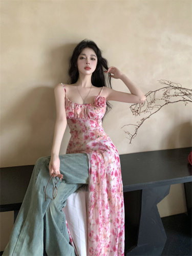 Real shot~ Three-dimensional flower seaside vacation floral suspender dress high-waisted summer temperament long dress for women