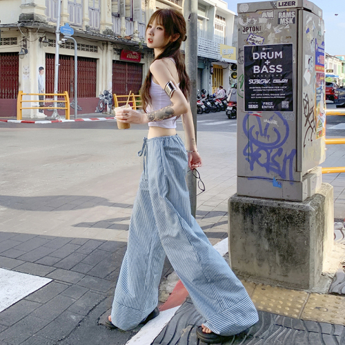 Real shot of 24th ootd! Korean style blue striped drawstring lazy style wide leg casual pants for women