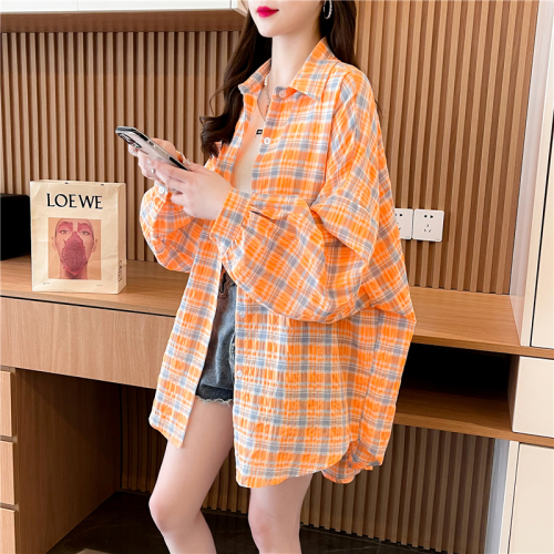 First release of 100 polyester plaid sun protection clothing women's shirt plus size fat mm top