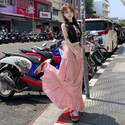 Actual shot of 24thootd Korean-style Omni pink plaid splicing design loose slimming high-waisted long skirt