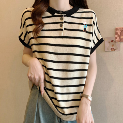 Real shot!  !  There’s a big picture!  2024 new summer style small fragrance contrast color knitted fir thin ice silk T-shirt trendy