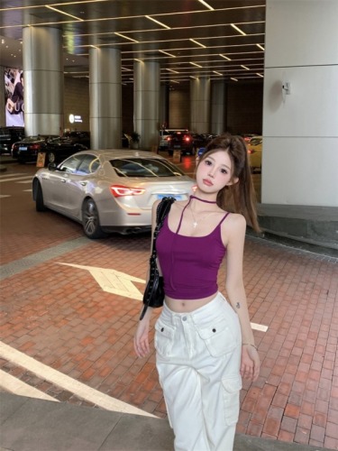 Actual shot~Sweet cool mandala purple vest suspender for women with design sense streamers showing white solid color sleeveless top