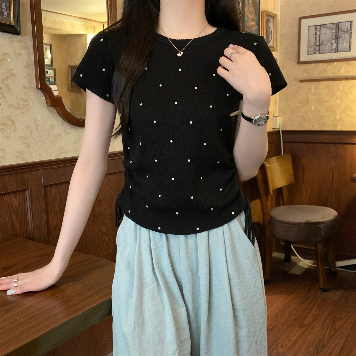 Real shot Summer Korean style round neck polka dot drawstring age-reducing design versatile knitted short-sleeved top for women