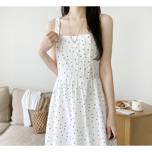 chic Korean summer French simple sweet square neck pleated lace-up waist sleeveless suspender dress