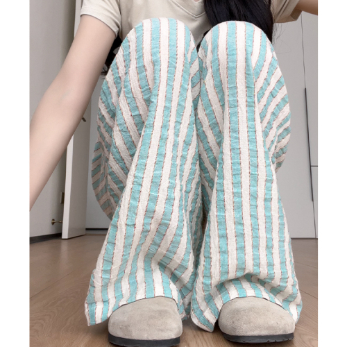 Original fabric striped casual pants for women summer thin loose drape high waist slim wide leg pants