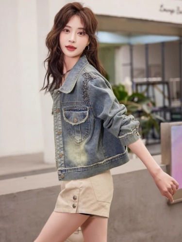 Retro raw edge beaded denim jacket short women's early spring and autumn new casual good-looking jacket top