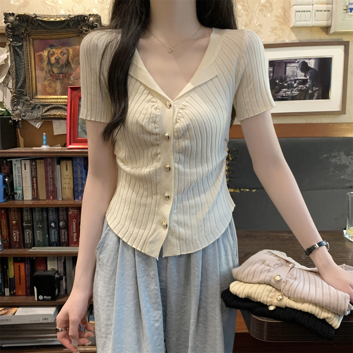 Real shot of summer Korean style slim-fitting lapel single-breasted cardigan with pit design knitted short-sleeved top