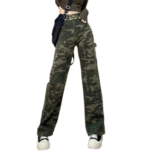 Camouflage overalls for women, American high street niche tie-dye high-waisted versatile pear-shaped wide-leg trousers, straight-leg jeans for women