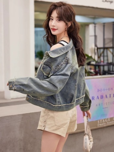 Retro raw edge beaded denim jacket short women's early spring and autumn new casual good-looking jacket top