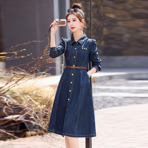 Hot style denim dress for women spring and autumn new style small fashion temperament slim waist with belt