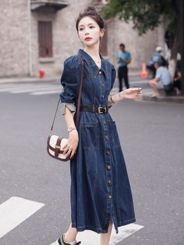 Spring and Autumn Clothes Over the Knee Long New Women's Retro Style Waist Slimming Long Sleeve Denim Dress Long Skirt