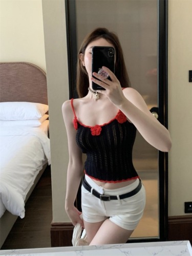 Real shot ~ Pure desire sexy crochet knitted flower suspender hollow slim vest summer new style