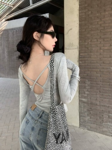 Real shot of summer hot girl style cross hollow backless shoulder pad long-sleeved T-shirt women's thin Tencel sunscreen top