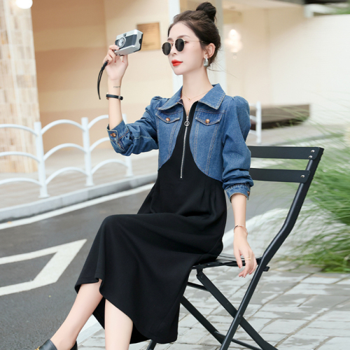 Early autumn long-sleeved denim splicing dress for women spring and autumn new design niche fake two-piece skirt