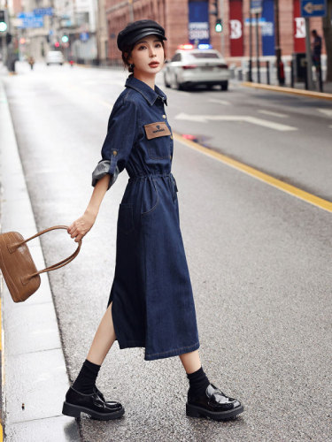 Spring new style loose and slim mid-length women's fashionable embroidered drawstring long-sleeved denim dress