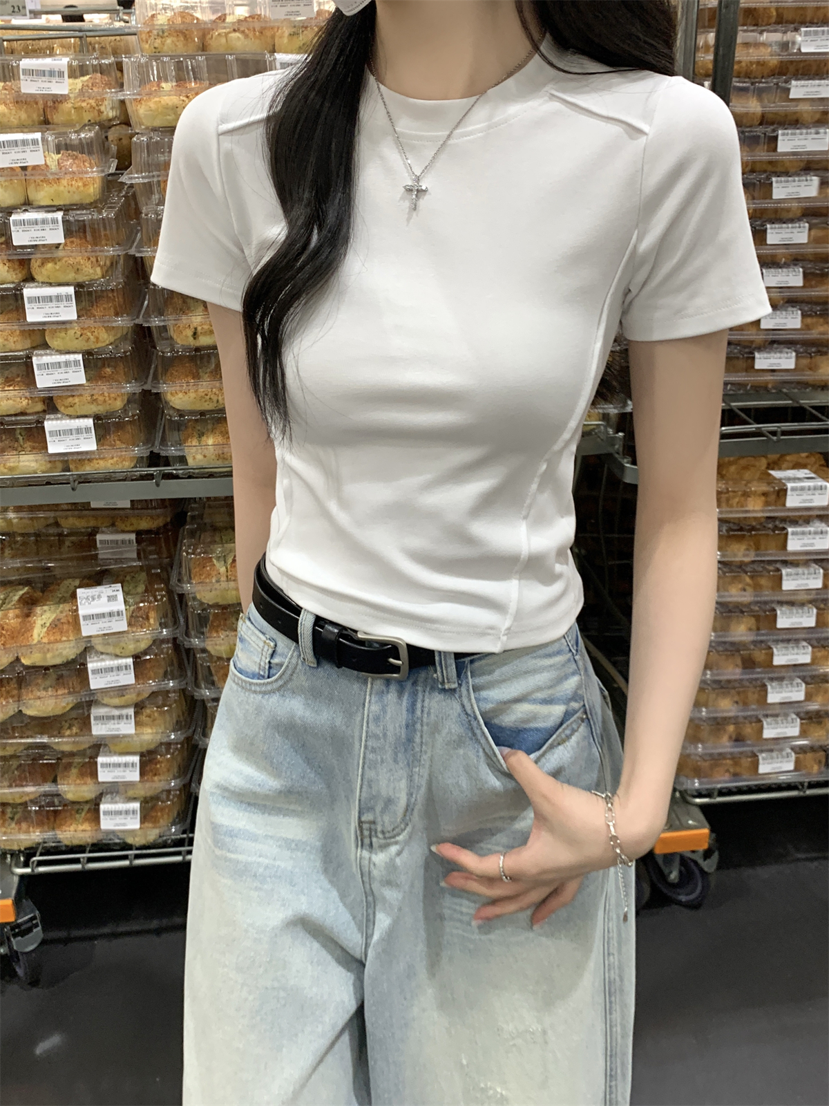 Actual shot of summer Korean style slim-fitting right-shoulder fishbone solid color slim and versatile pure cotton short-sleeved top T-shirt