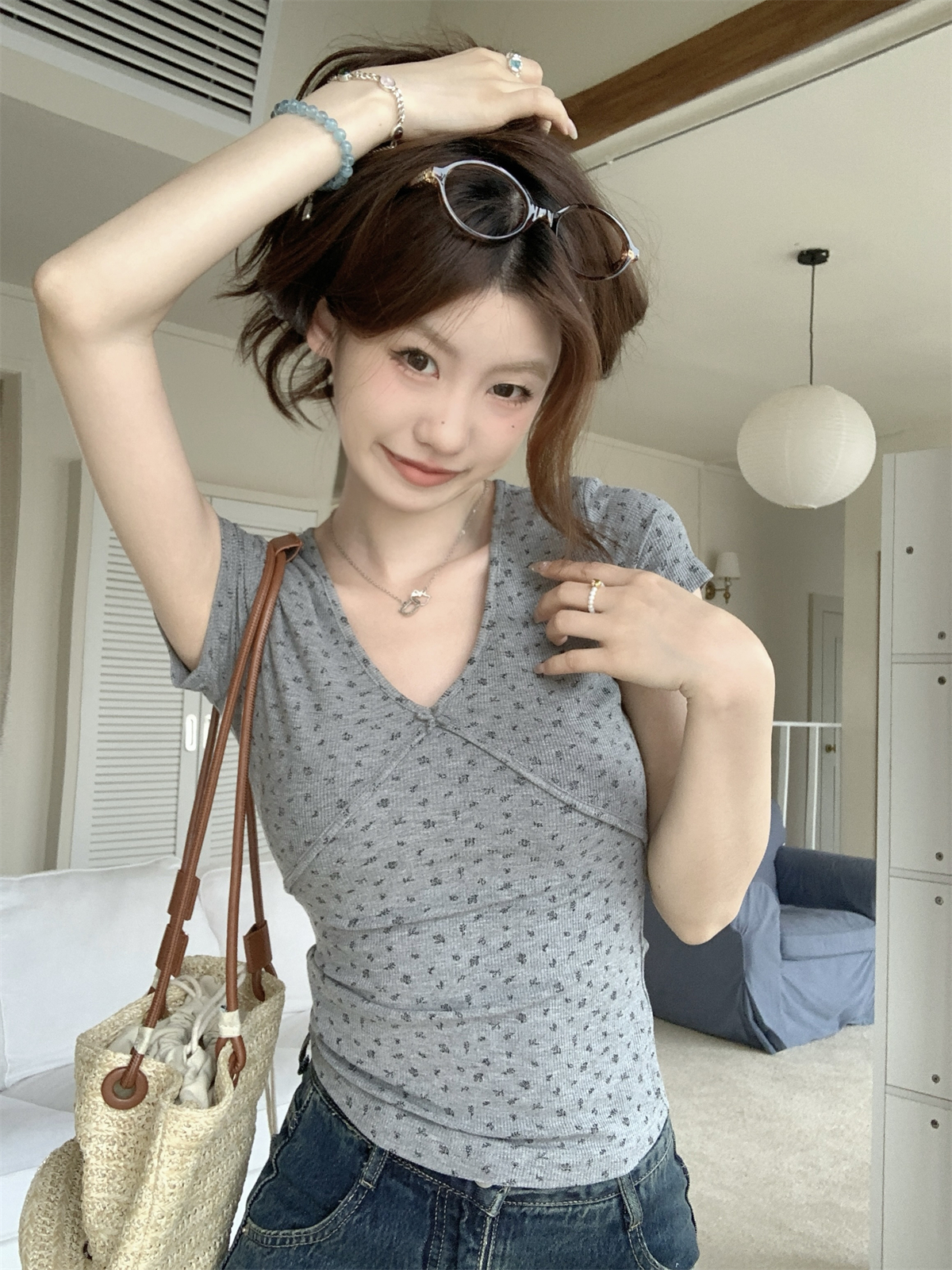 實拍 夏季韓版修身v領bm純欲碎花顯瘦短袖T恤上衣