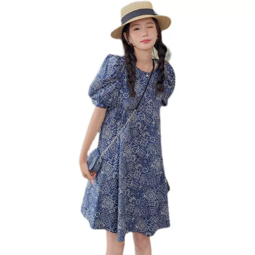 Retro printed puff sleeve dress for women summer 2024 new design niche chic slim round neck skirt